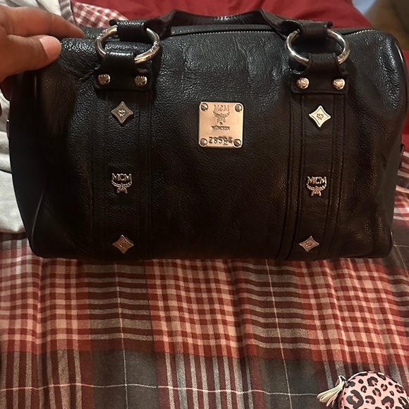 MCM Other - MCM Black Leather Studded Duffel with Silver Plaque